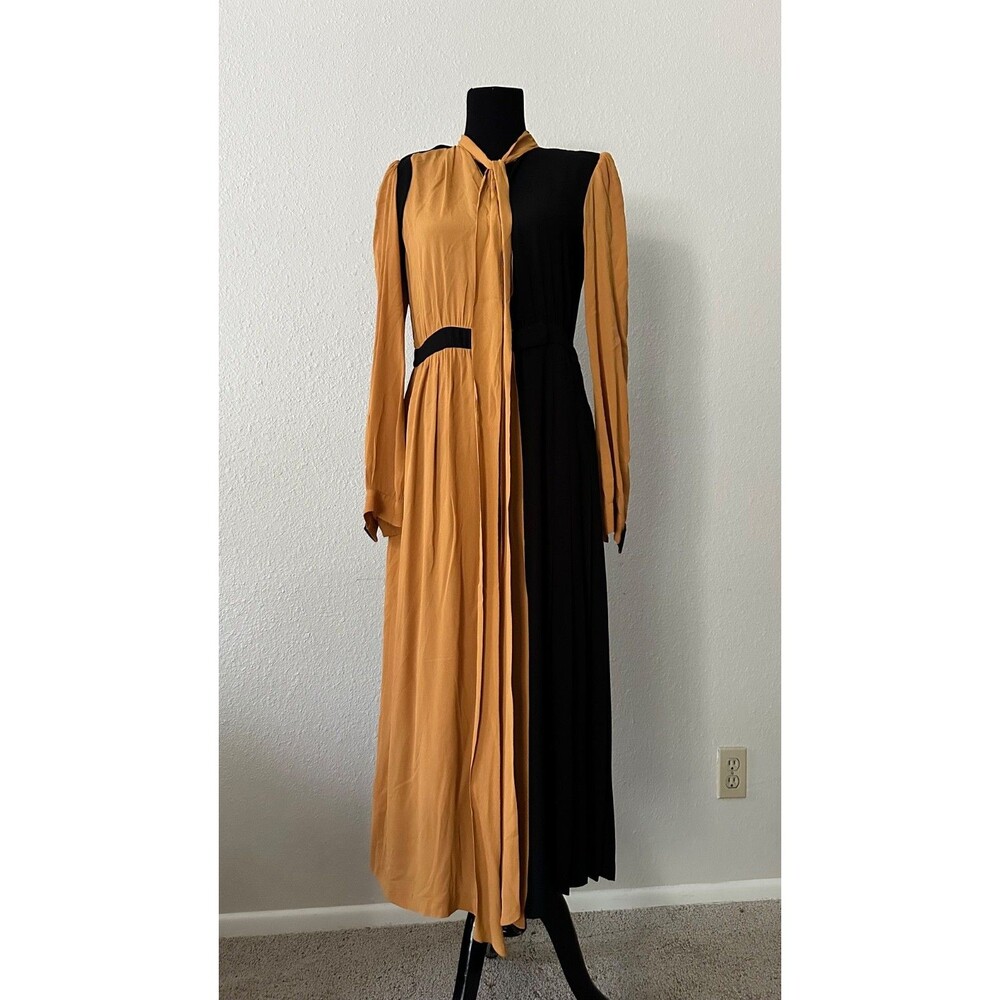 ZARA AW 2019 Collection 06 Colorblock Yellow Black Tie Neck Midi Dress Size XS M